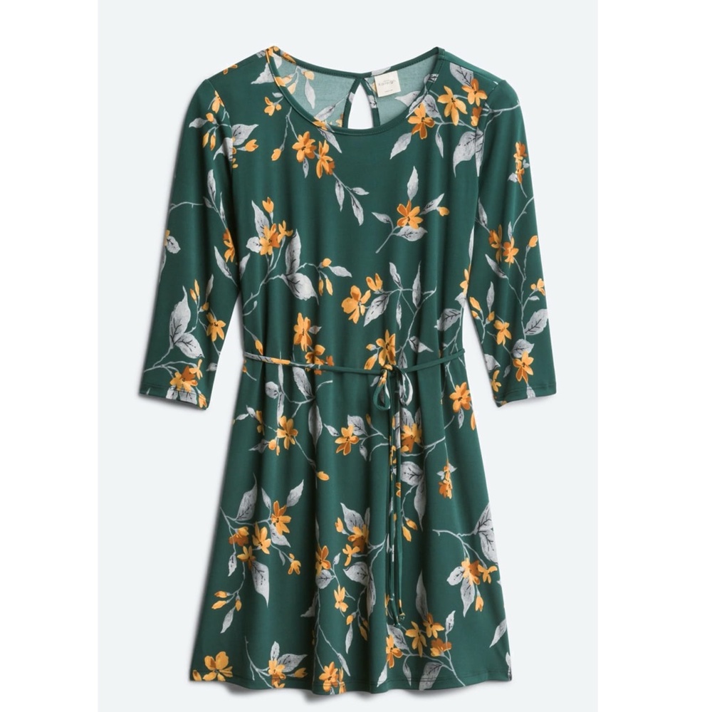 NWT KAILEIGH Tie Waist Floral Knit Dress 3/4 Sleeve Dark Green Yellow Medium